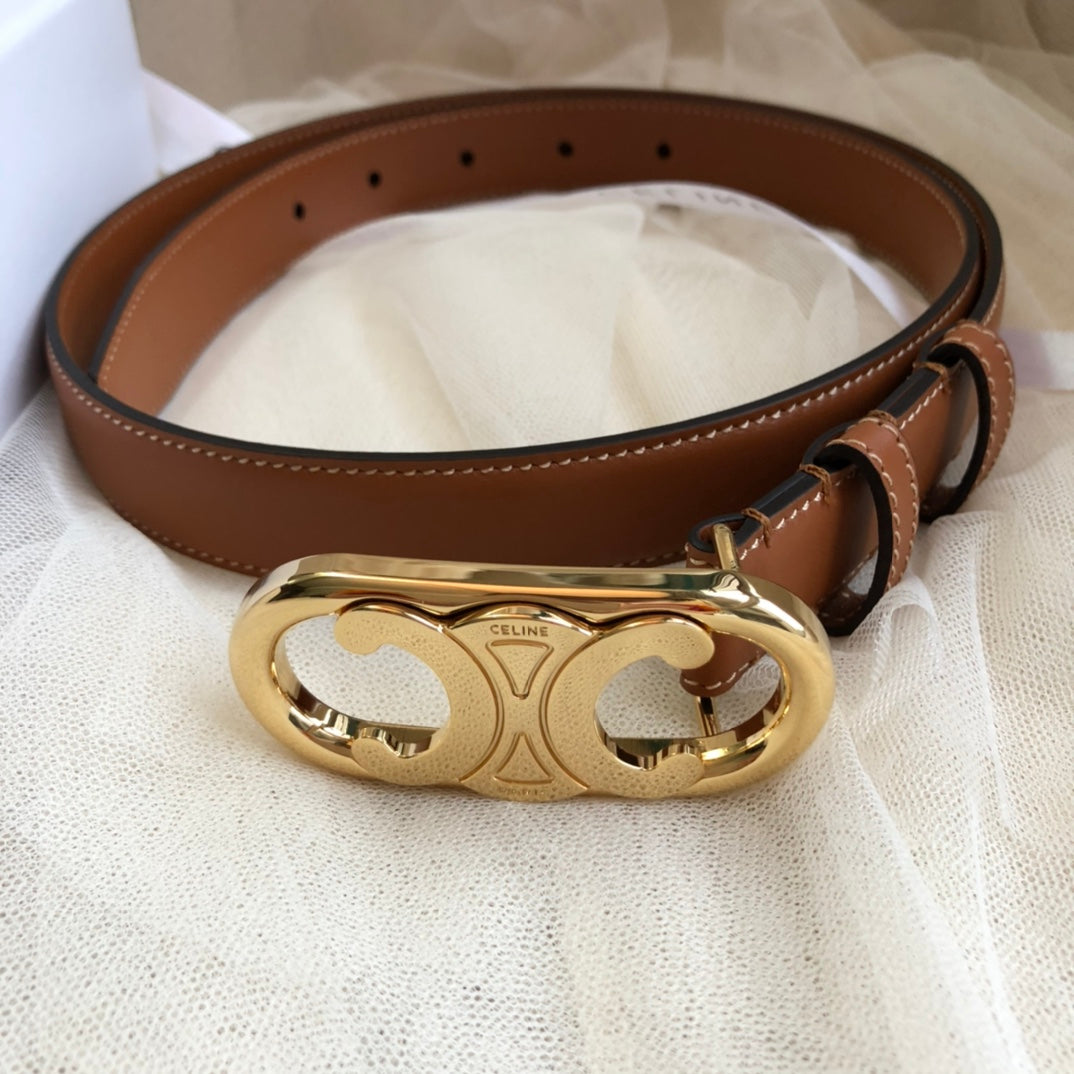CELINE 25S BELT 25MM IN DARK CARAMEL CALFSKIN GOLD HARDWARE 562437