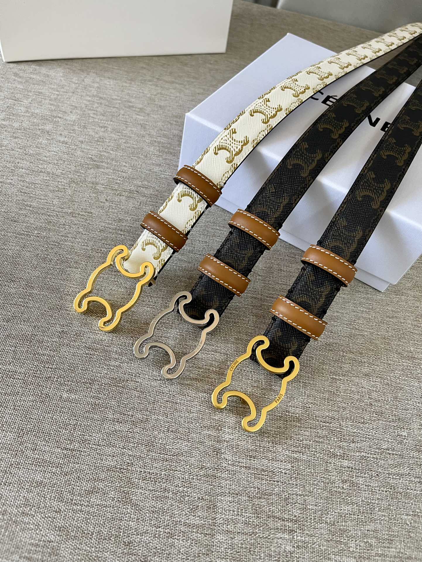 CELINE CL logo Cut-out Belt 25mm Black Tan Triomphe Canvas Ghw