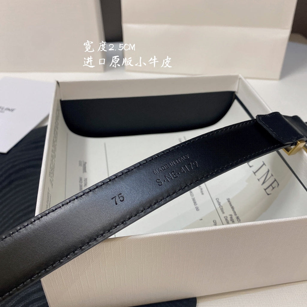 CELINE CL MEDIUM 25MM TRIOMPHE BELT IN BLACK CALFSKIN SILVER HARDWARE