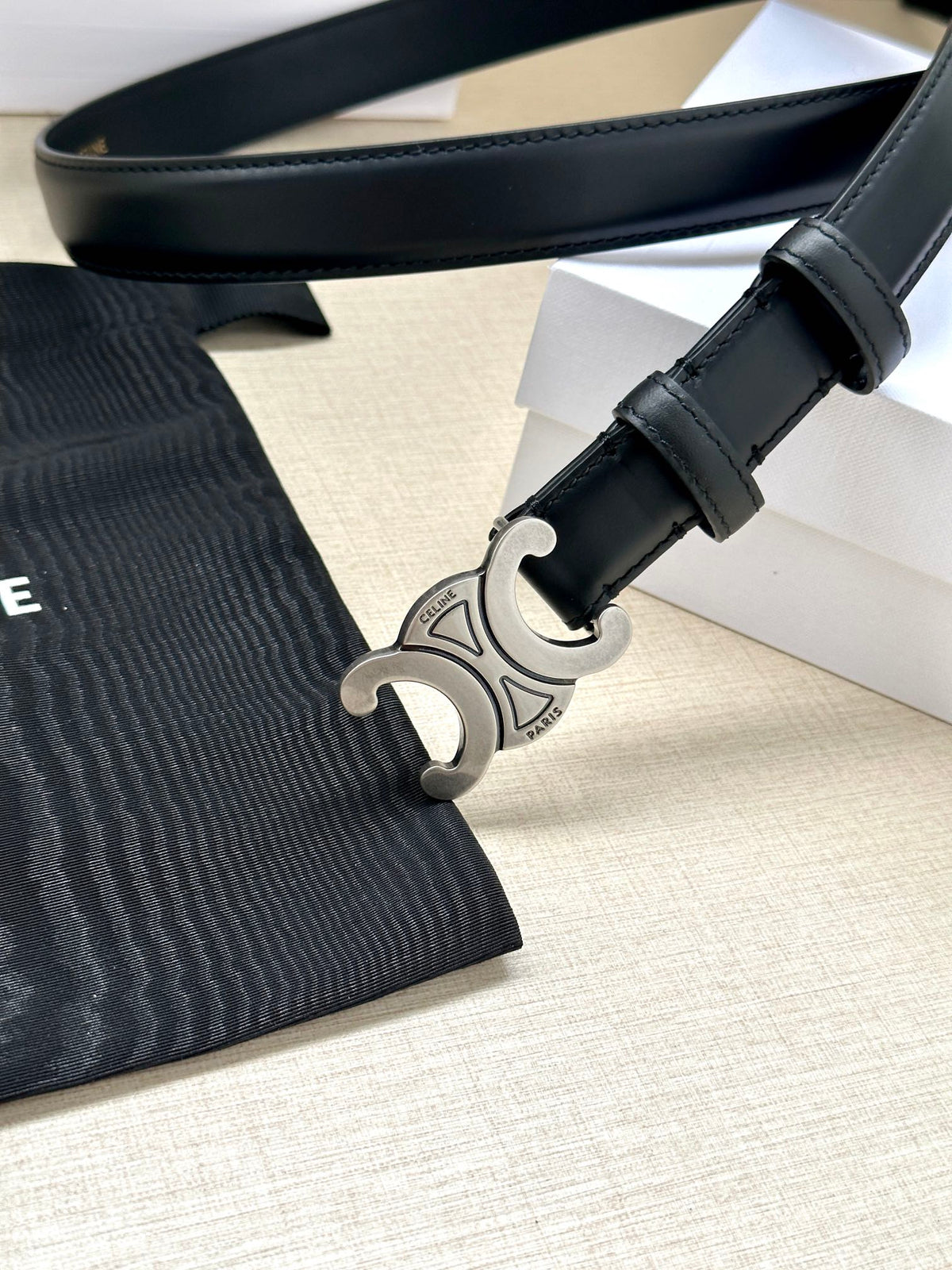 CELINE Medium Triomphe Belt 25mm Black Calfskin Silver Finishing