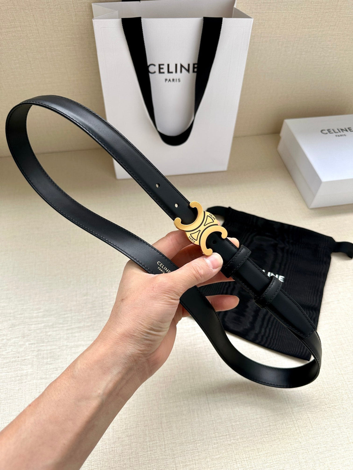 CELINE Medium Triomphe Belt 25mm Black Calfskin Gold Finishing