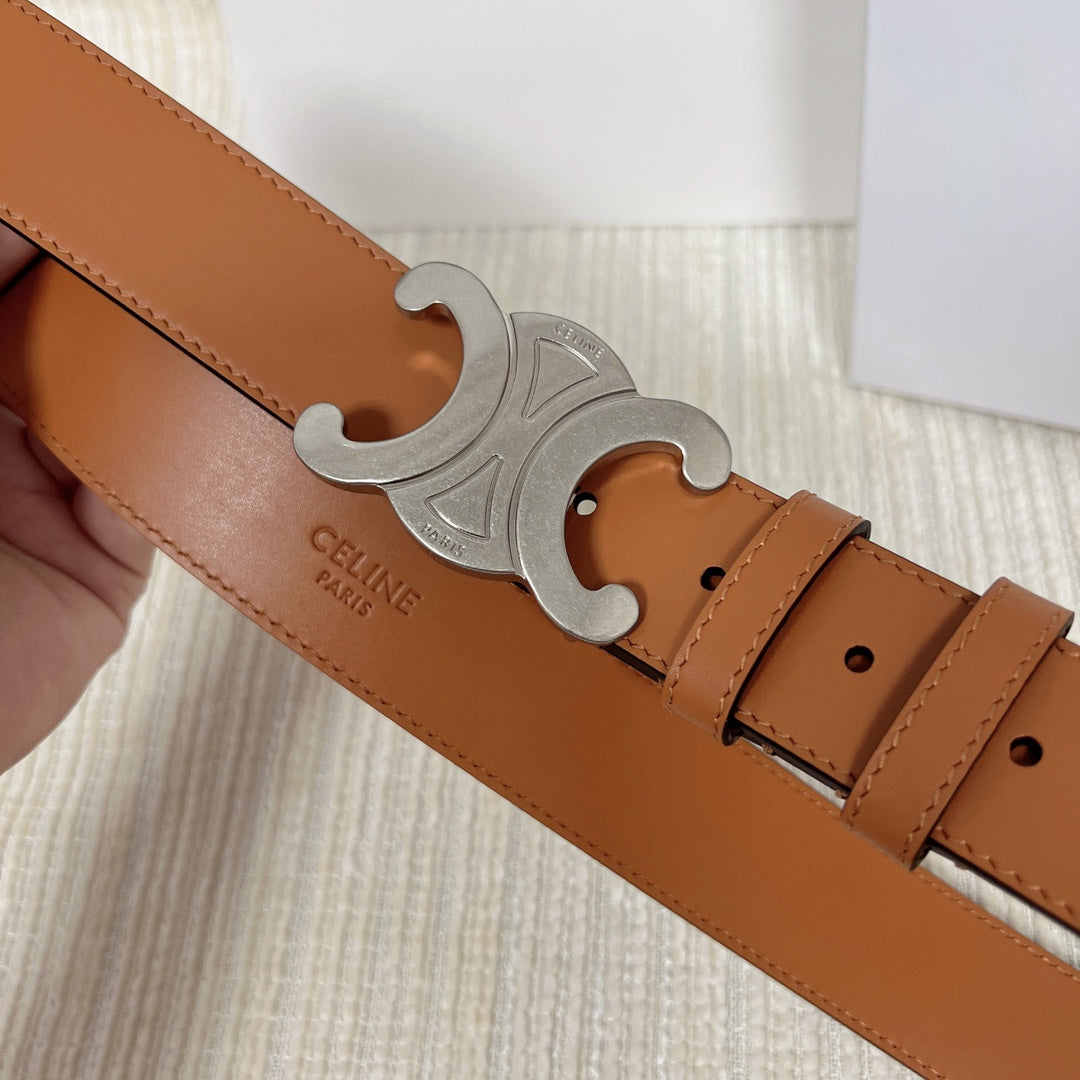 CELINE Medium Triomphe Belt 25mm Tan Calfskin Silver Finishing