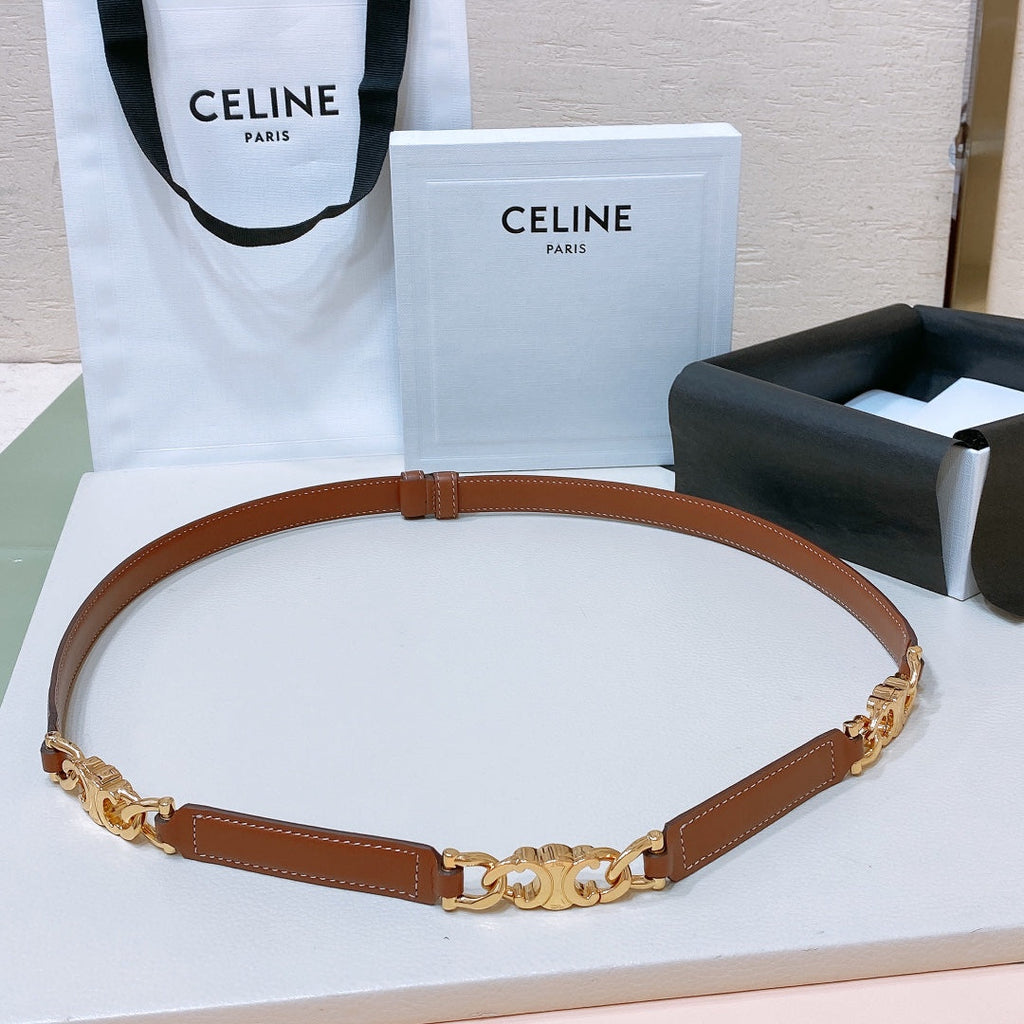 CELINE SMALL 18 MM GOURMETTE TRIOMPHE ADJUSTABLE BELT IN BRONZE BROWN LEATHER GOLD HARDWARE