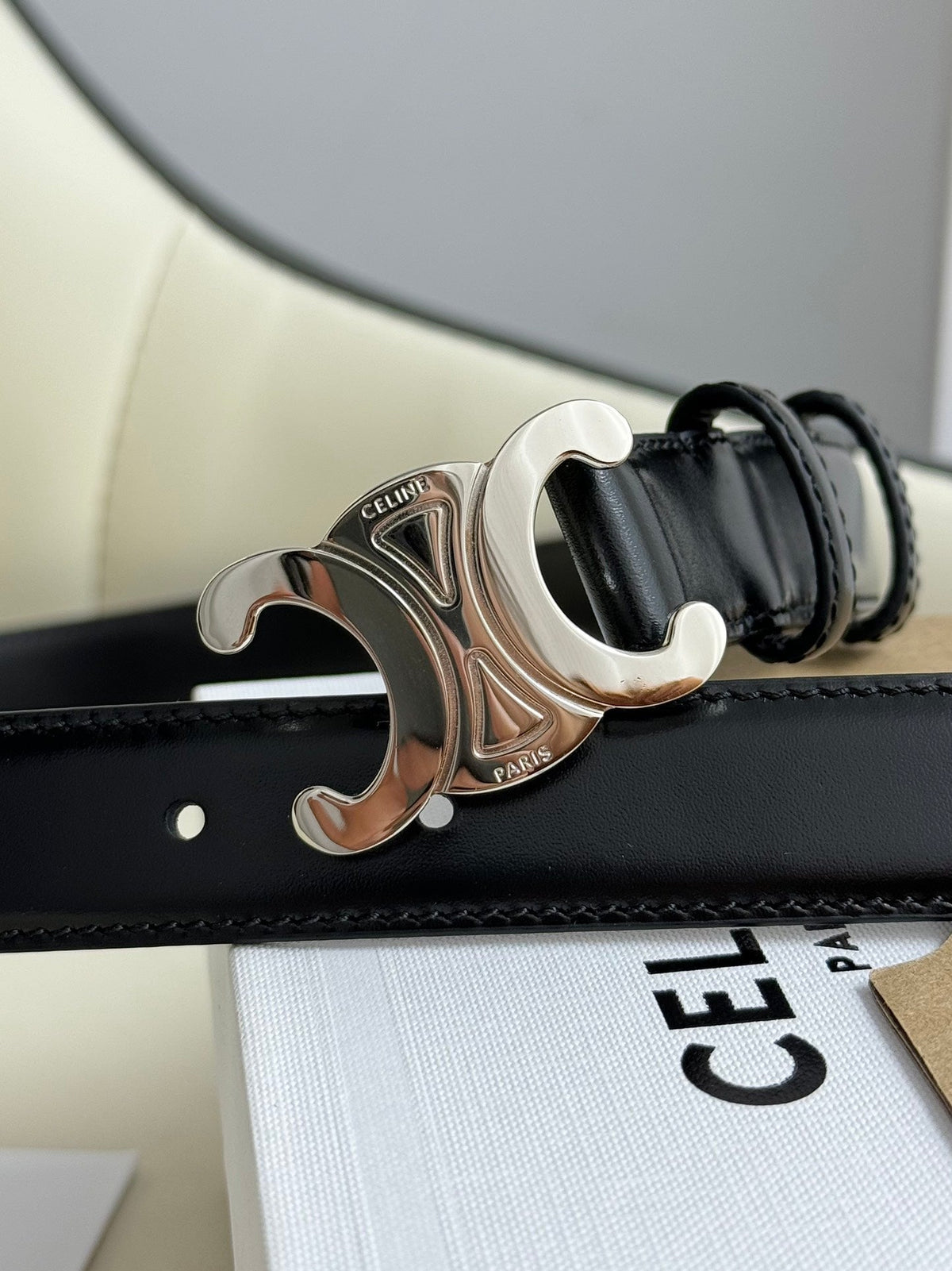 CELINE SMALL TRIOMPHE BELT 18 MM BLACK LEATHER SILVER HARDWARE