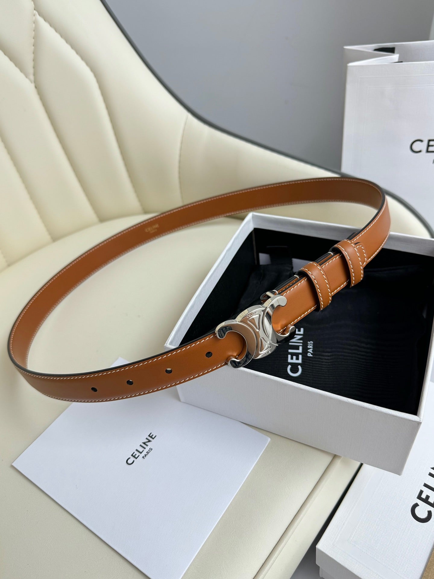 CELINE MEDIUM TRIOMPHE BELT 25MM BRONZE BROWN LEATHER SILVER HARDWARE