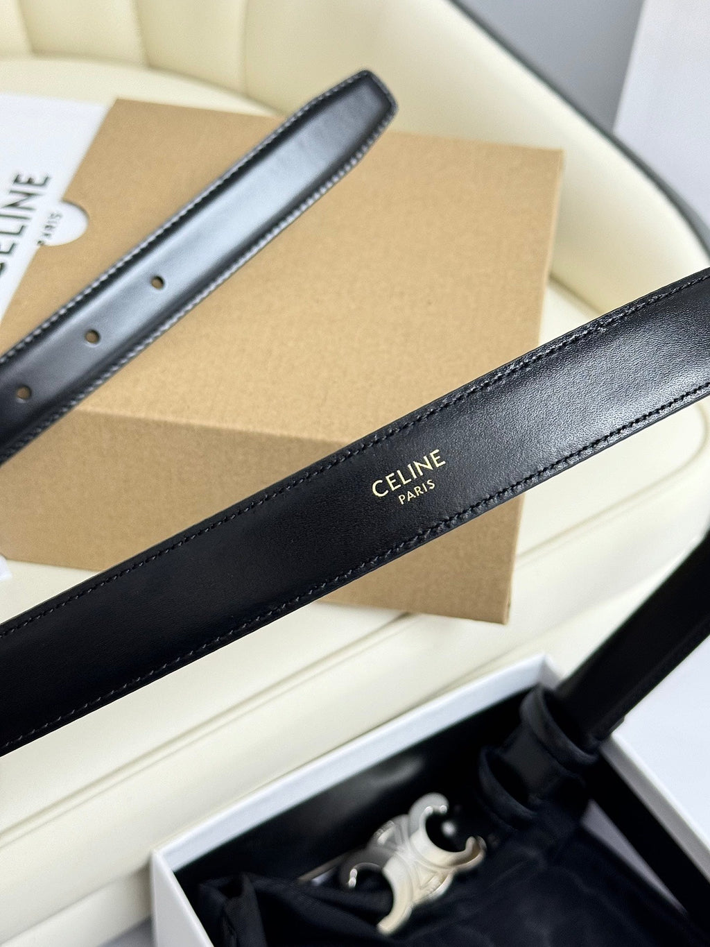 CELINE MEDIUM TRIOMPHE BELT 25MM BLACK LEATHER SILVER HARDWARE