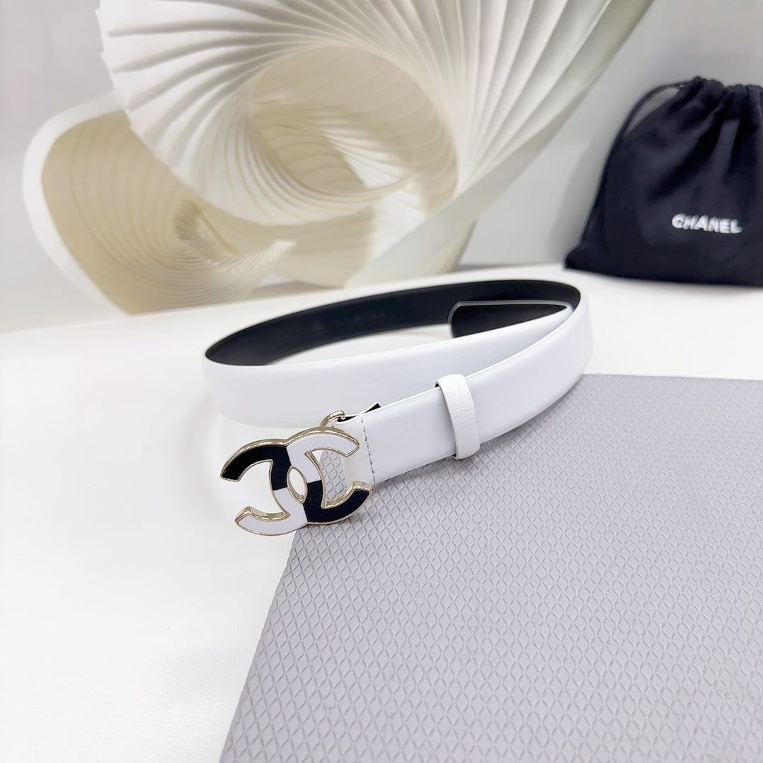 CHANEL BELT 30 MM BLACK MIX WHITE CALFSKIN WITH METAL LOGO