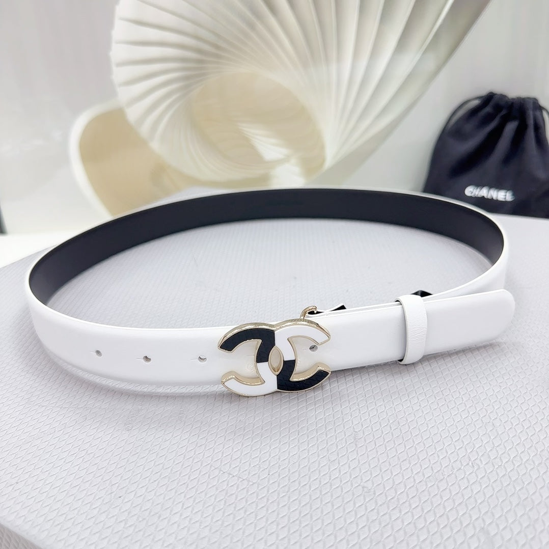 CHANEL BELT 30 MM BLACK MIX WHITE CALFSKIN WITH METAL LOGO