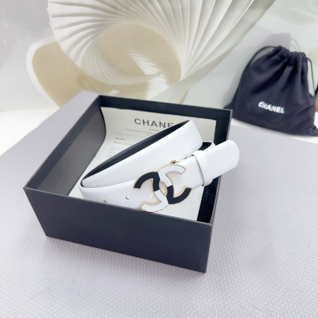 CHANEL BELT 30 MM BLACK MIX WHITE CALFSKIN WITH METAL LOGO