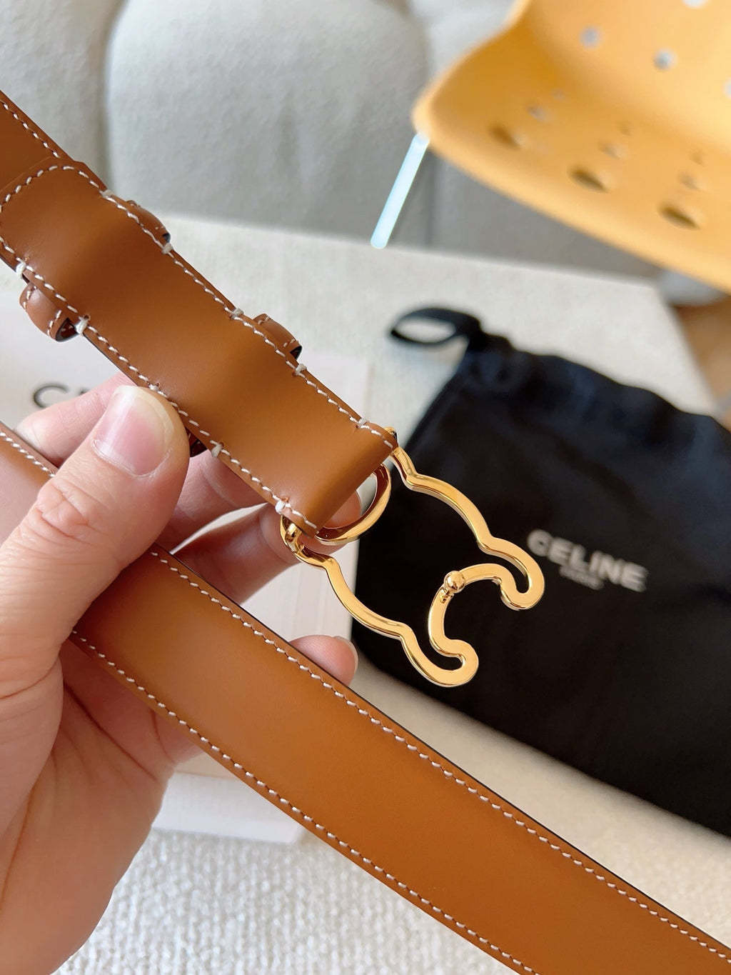 CELINE BELT 25MM TRIOMPHE LOGO CUT-OUT IN BROWN SMOOTH CALFSKIN WITH GOLD BUCKLE